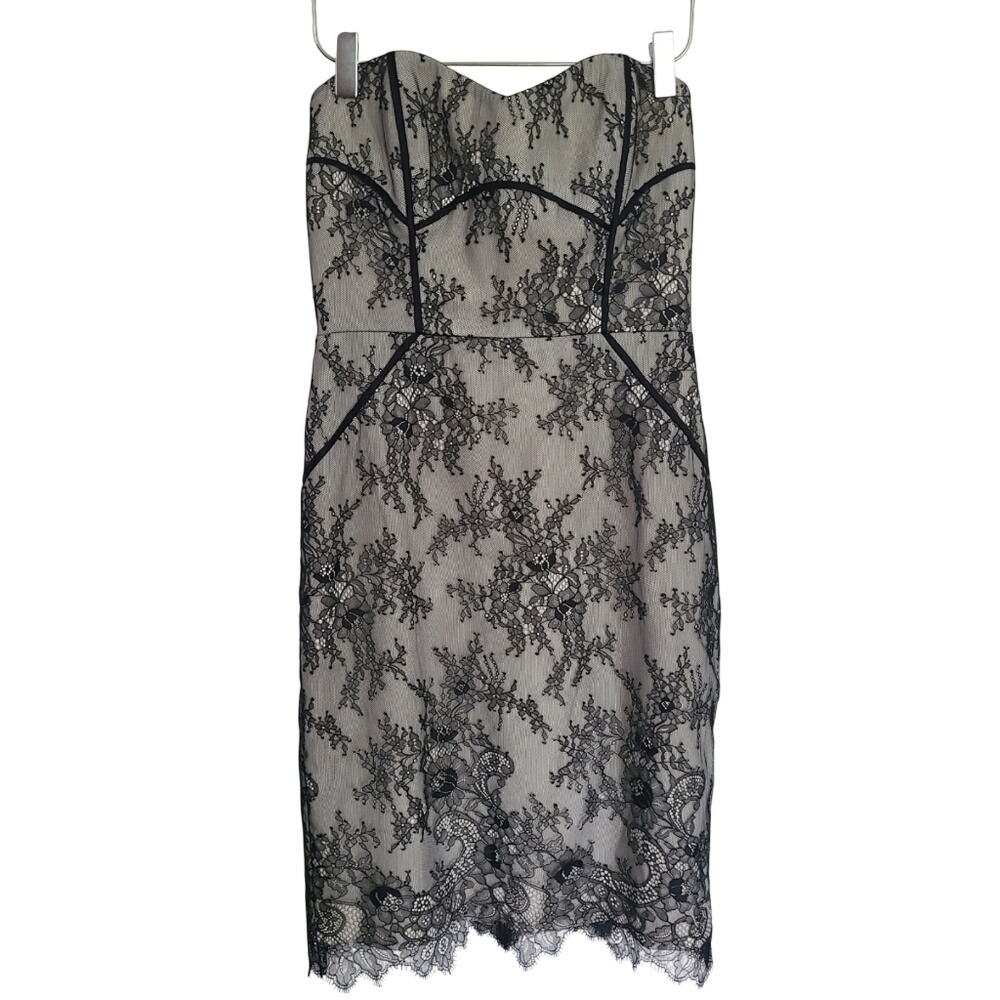 Badgley Mischka Black Lace Cream Strapless Formal Dress 4 Sweetheart Bustier
